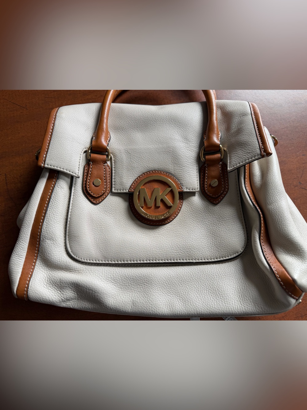 Michael Kors Cream Leather Satchel with Tan Trim